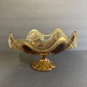Vintage Viking Art Glass Amber Epic Petal Foot 10" Compote 6 Petal